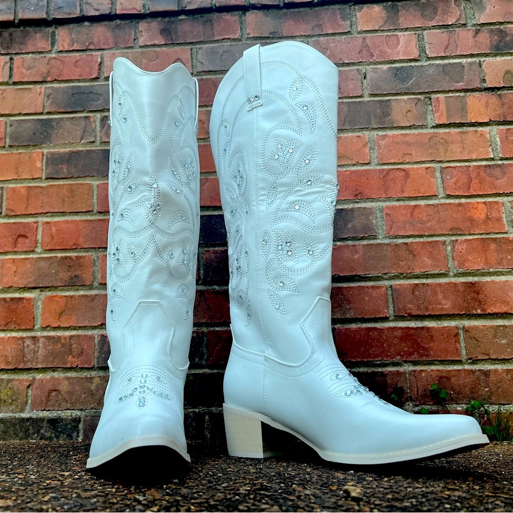 Tall, White Cowboy Boots with Sparkle
